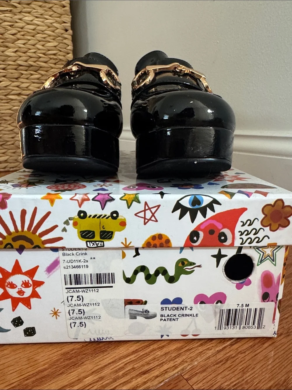 Jeffrey Campbell Black Patent Platform Loafers with Gold Buckle